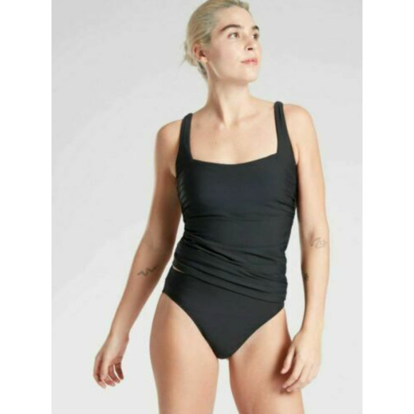 NWT ATHLETA Square Neck Bra Cup 34 B/C‎ Tall Tankini Top Black Ruching $74! - Picture 1 of 5